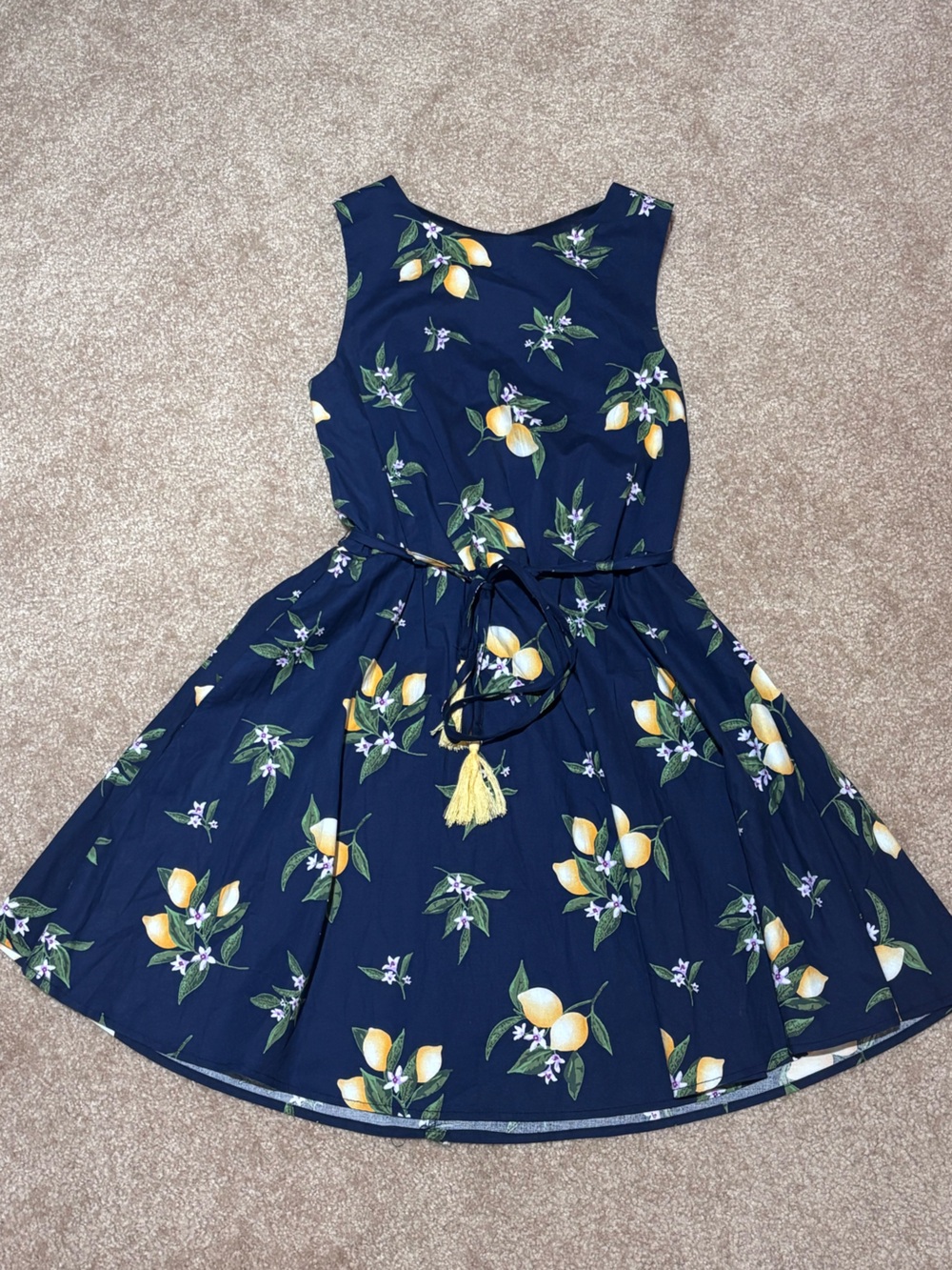 Short Navy Blue Lemon Pattern with Tie-Belt  
Dress
